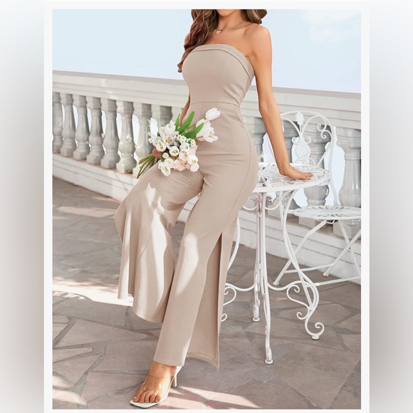 Elegant Tan Jumpsuit with Sexy Leg Slit - Picture 7 of 12